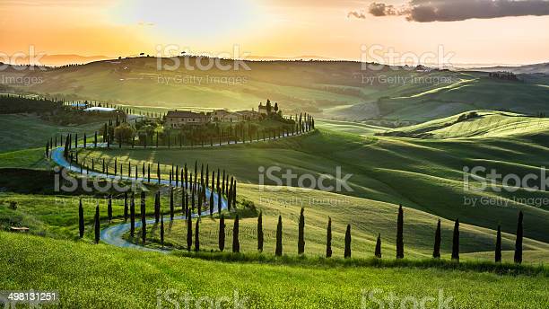 Sunset over the winding road with cypresses in Tuscany.